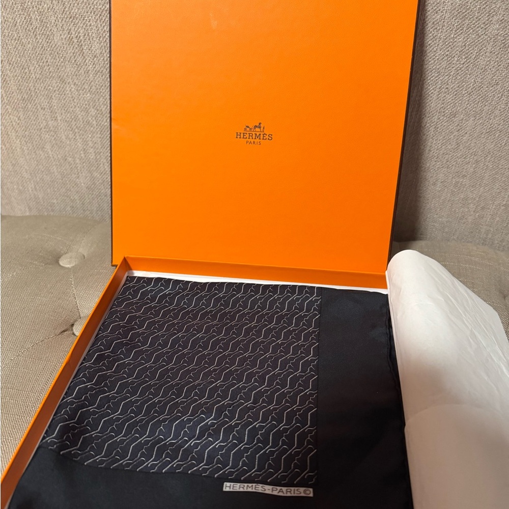 Hermes Black and White Pocket Square 16 inch X 16 inch